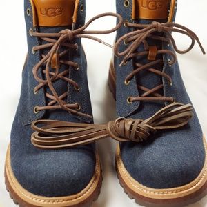 Men's UGG HUNTLEY Blue Denim Boots 11 Navy Leather 1004844 2 Sets Lace NEW BOX